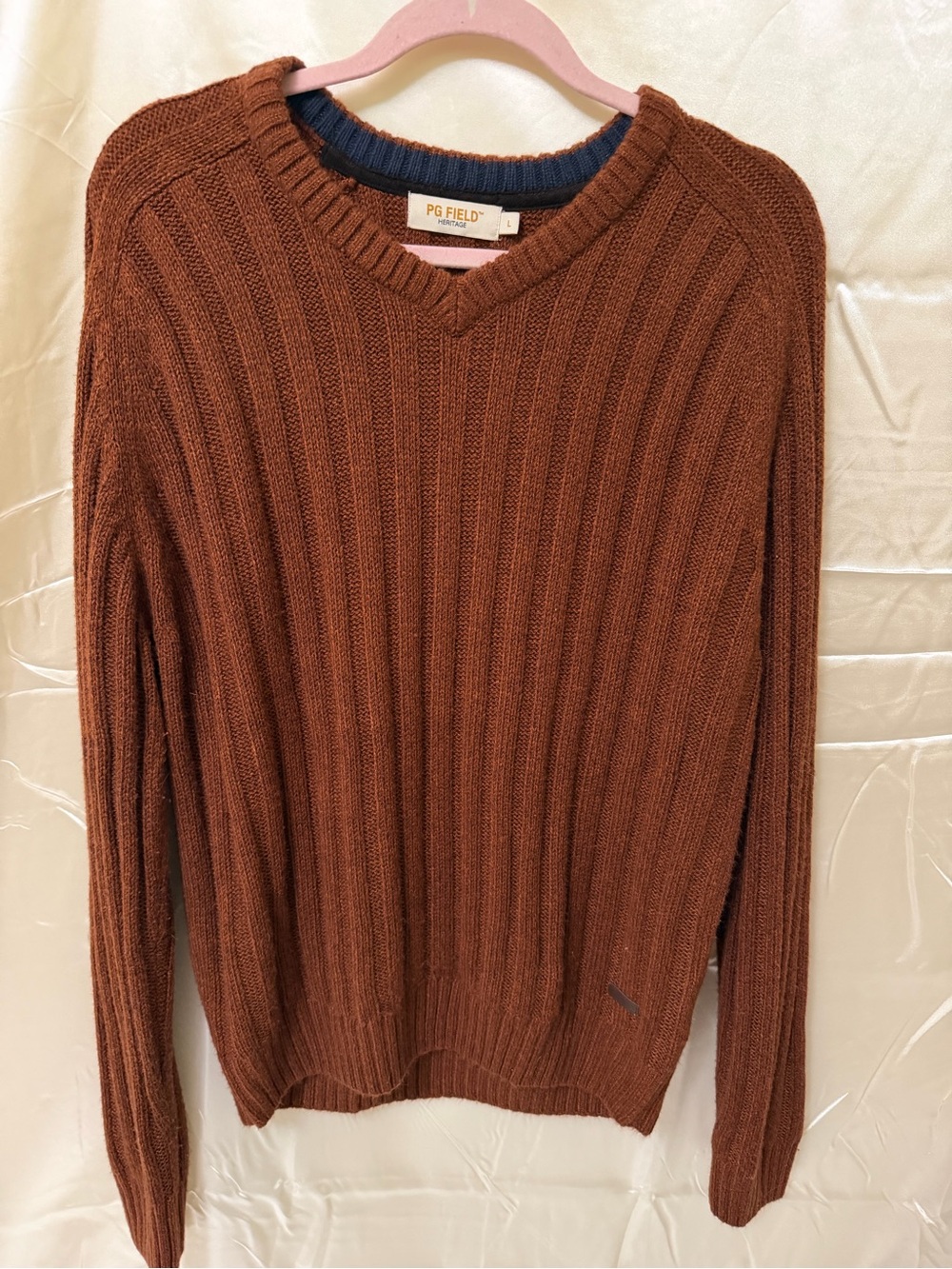 PG Field Heritage Mens Large Ribbed Knit Sweater Rust Brown Crewneck Pullover